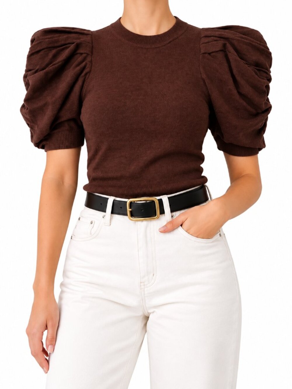 Women's Brown Puff Sleeve Knit Sweater Balloon Sleeves Cropped Pullover, XS